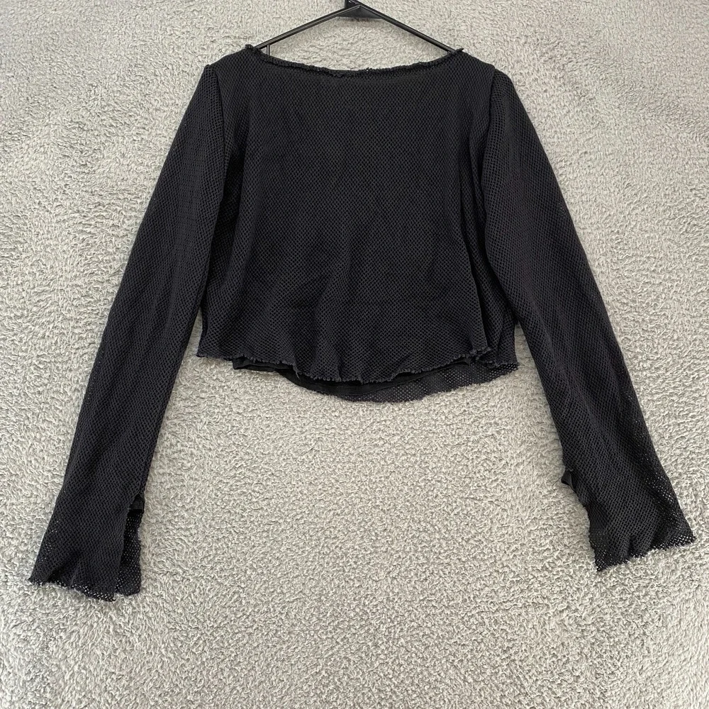 Free People Top Womens Small Crop Boxy Mesh Grunge Long Sleeve Slouchy Black‎